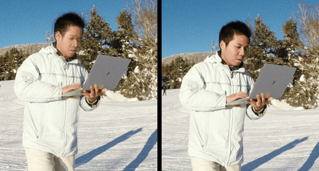 man holding laptop demonstrating 360 video stitch error