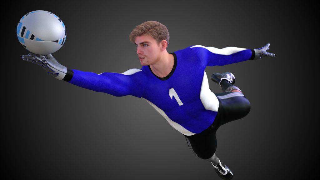 3d model of soccer goalkeeper outstretched catching soccer ball 