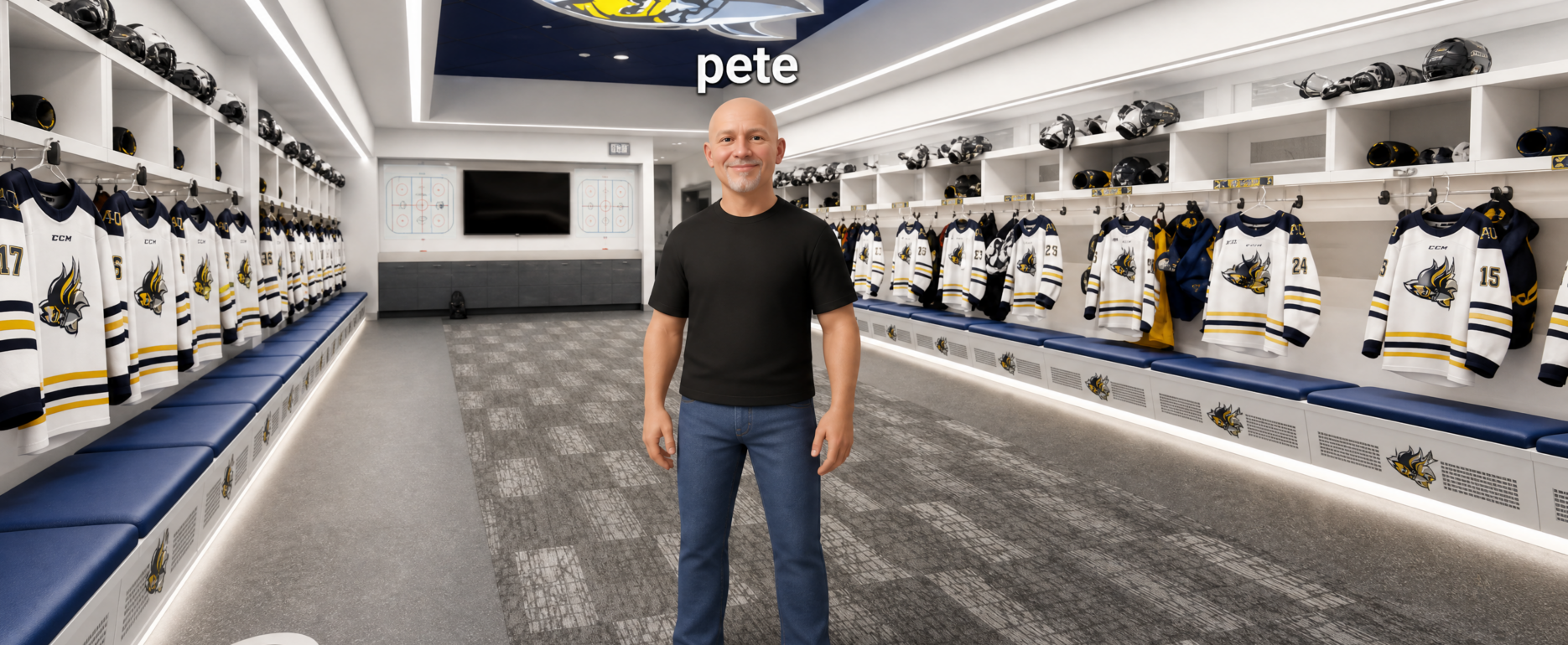 Augustana University Director of Innovation standing in a VR environment of a hockey locker room