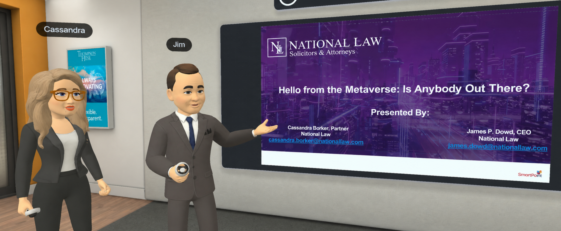 Two business avatars stand in a modern room beside a large presentation slide reading 'Hello from the Metaverse: Is Anybody Out There?'.